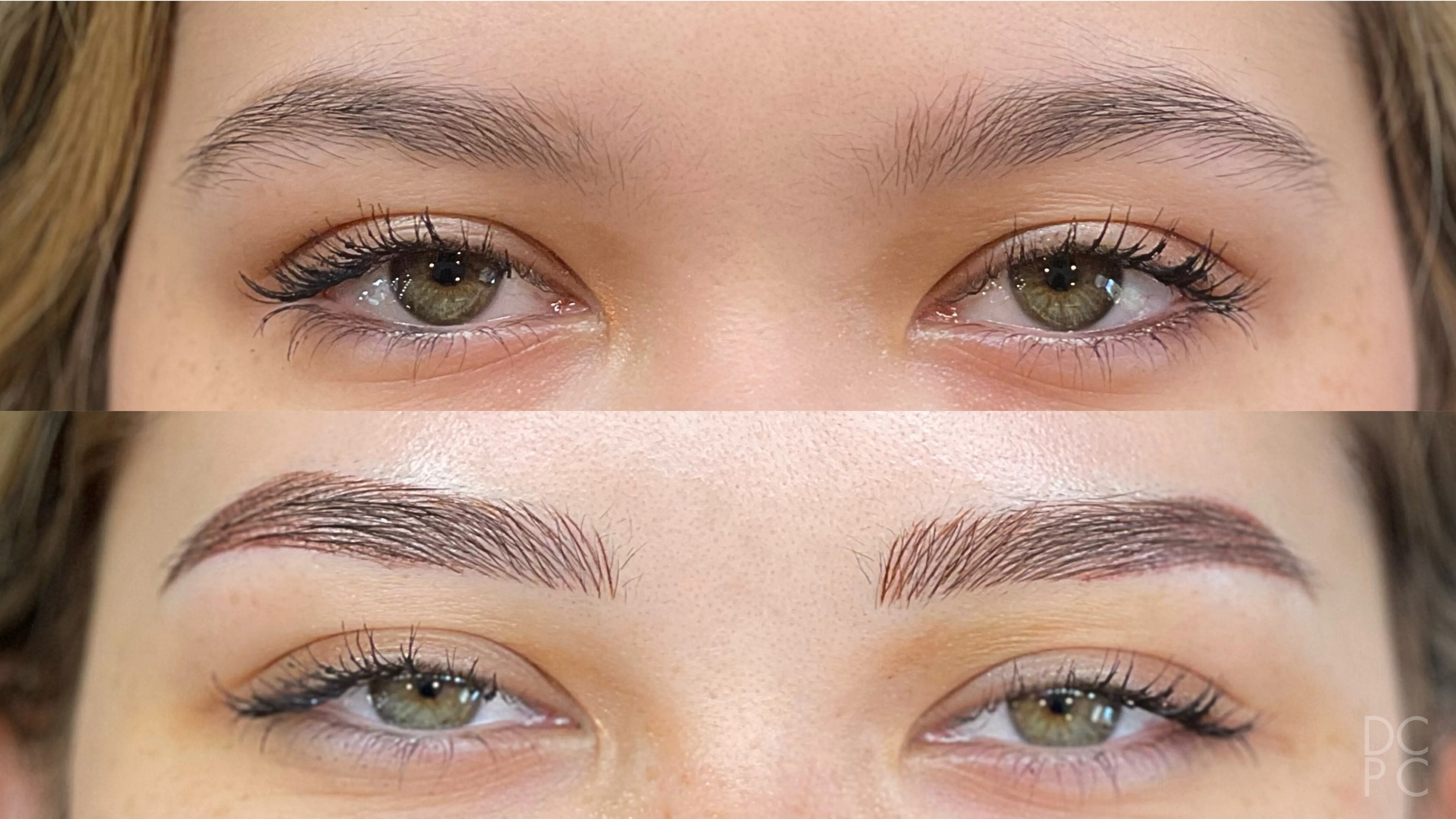 Nano brows, before and after: light, sparse brows, then fuller brown brows in fine hair strokes