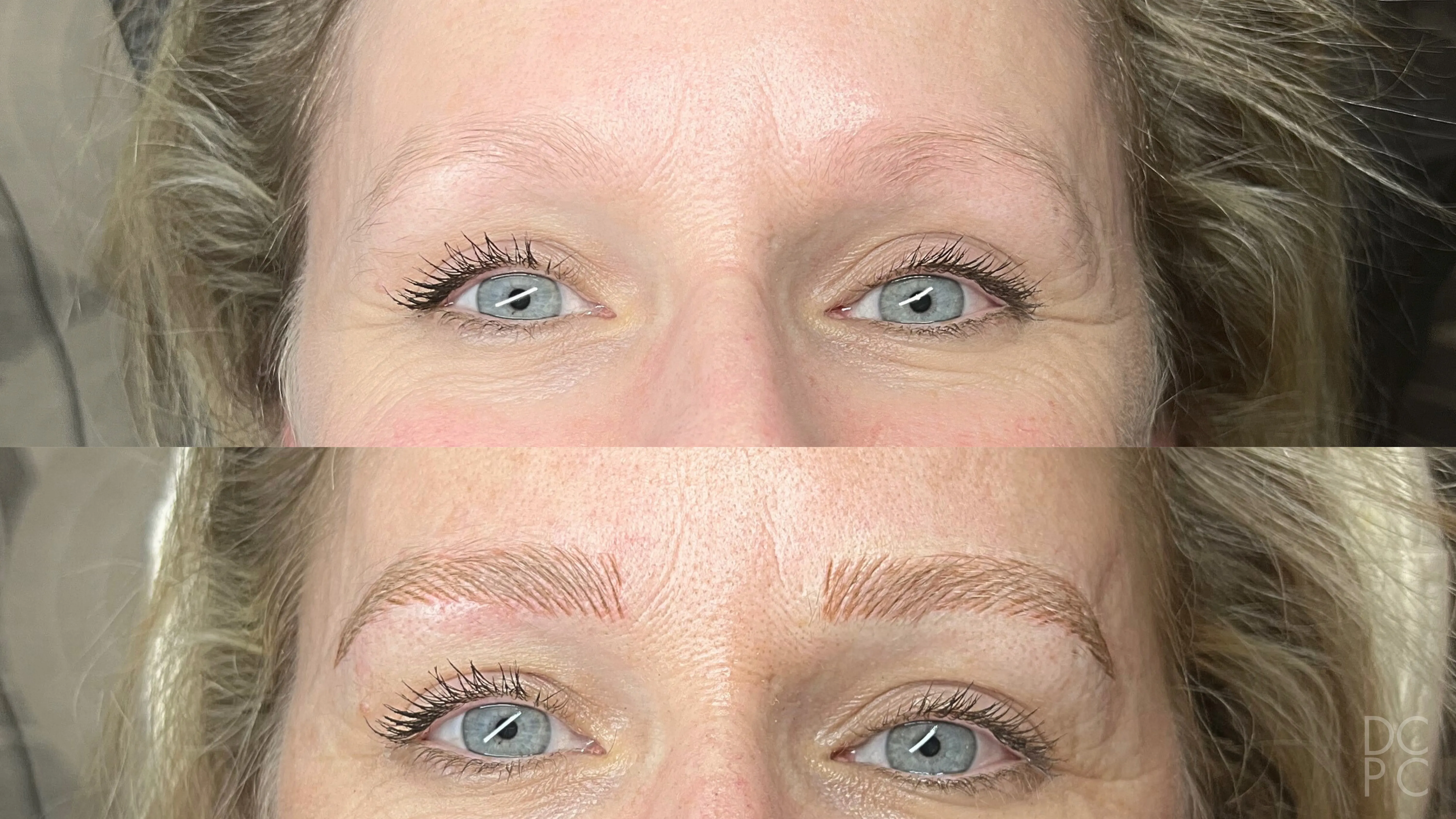 Nano brows, before and after: very light, faint brows, then soft, warm blonde brows in fine hair strokes