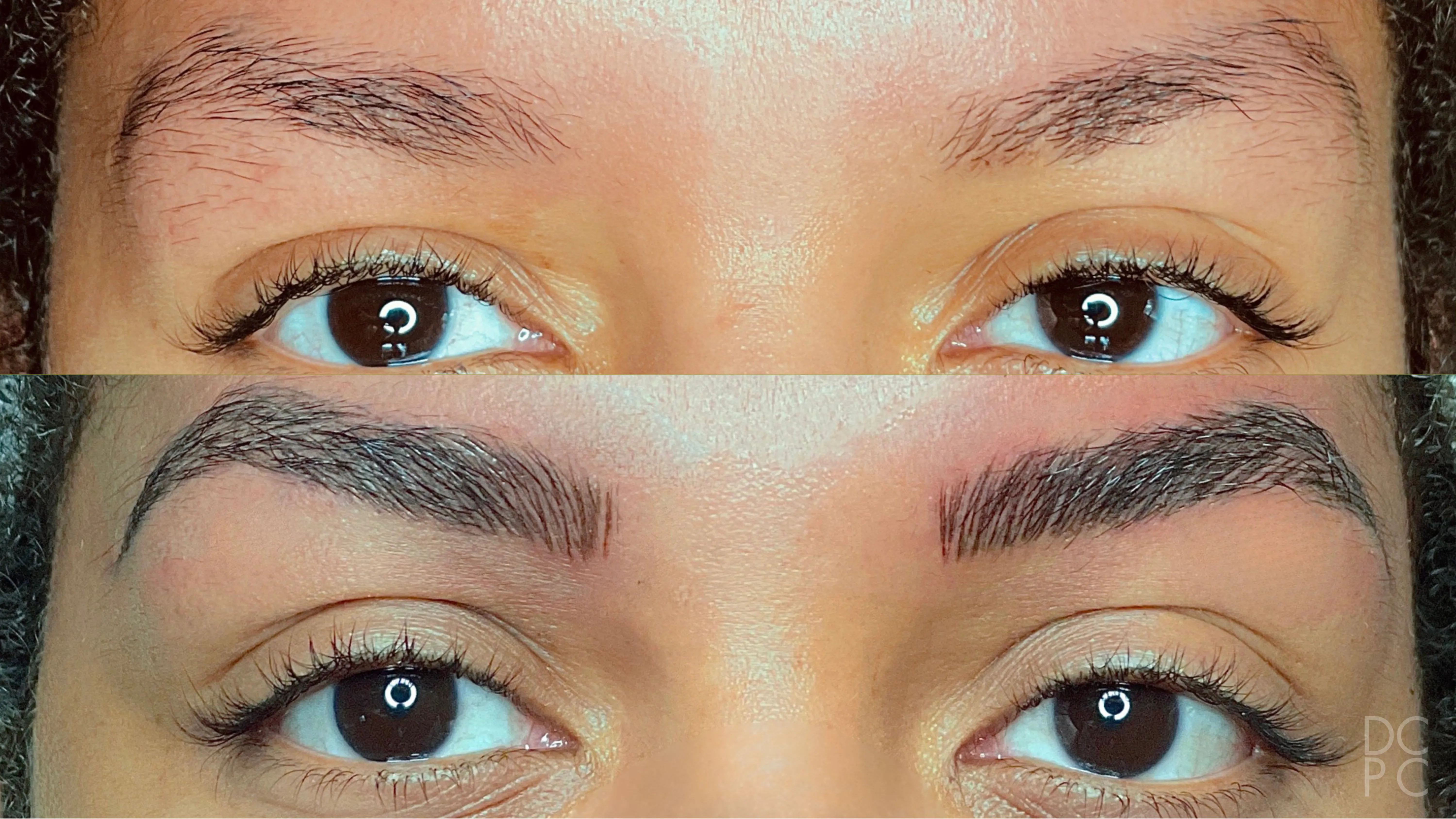 Nano brows, before and after: sparse, uneven brows, then full, dark brows with a defined shape