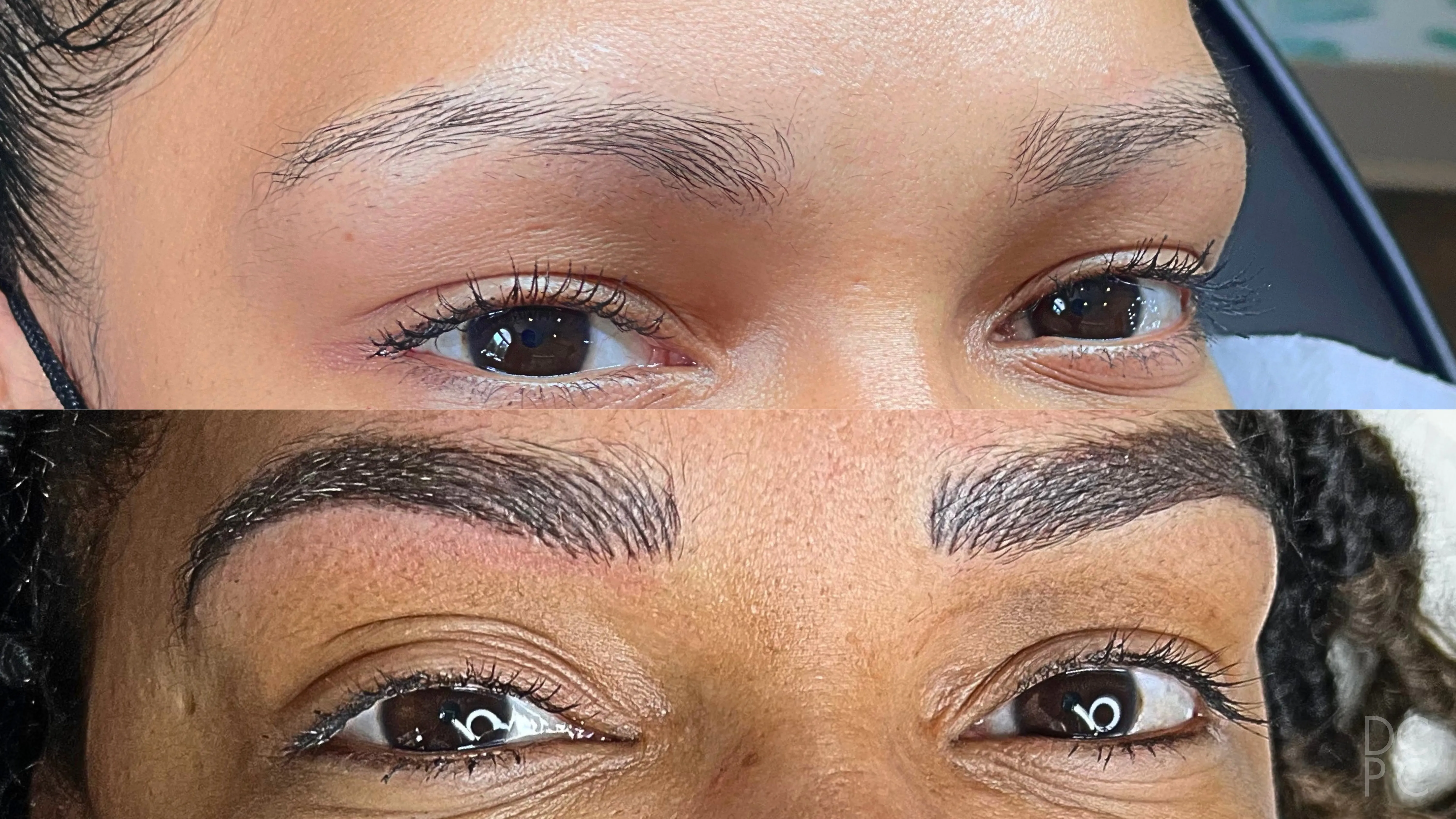 Nano brows, before and after: sparse brows, then full, dark brows