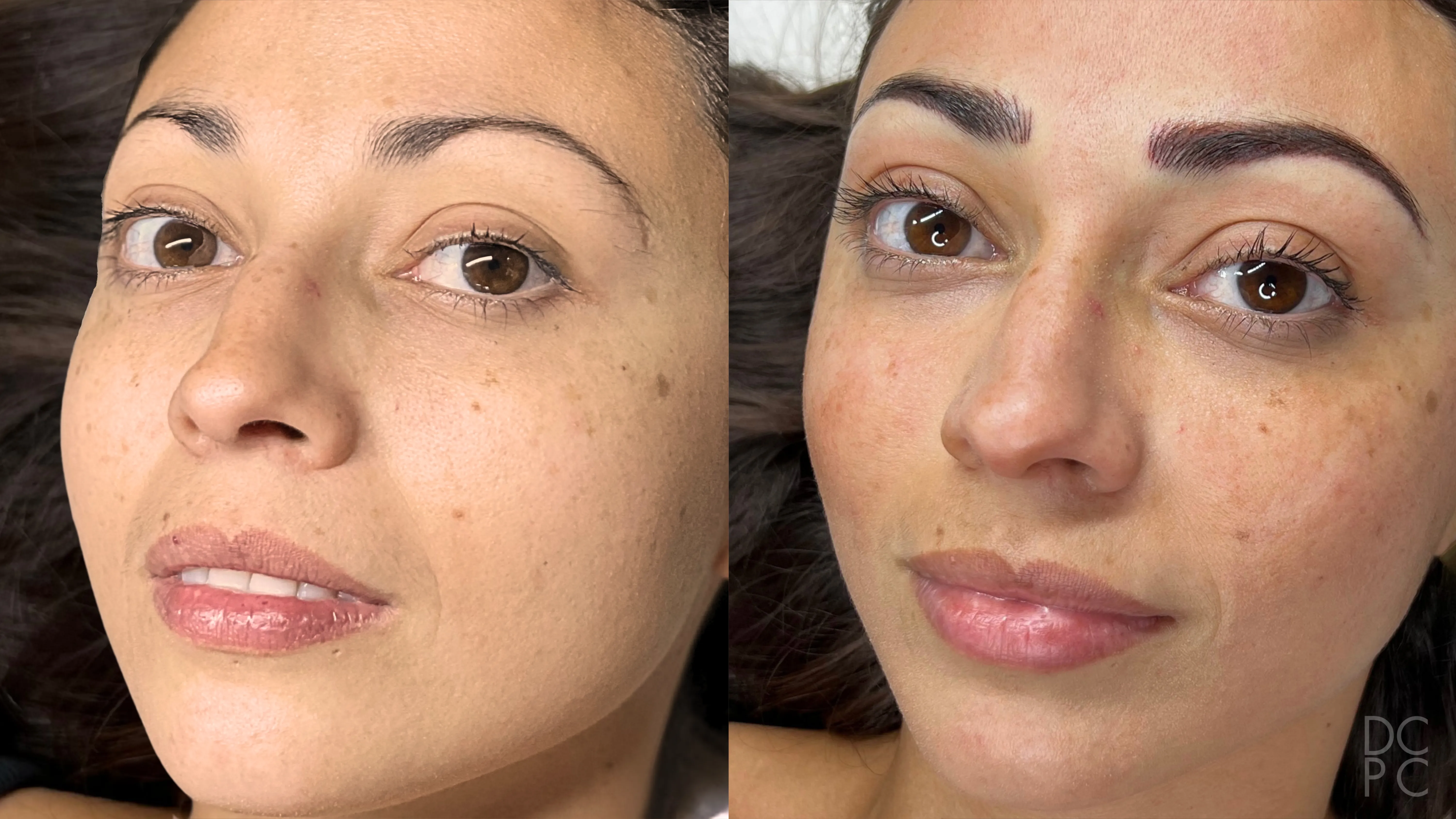 Nano brows, before and after: thin, high-arched brows, then fuller dark brows with a softer arch