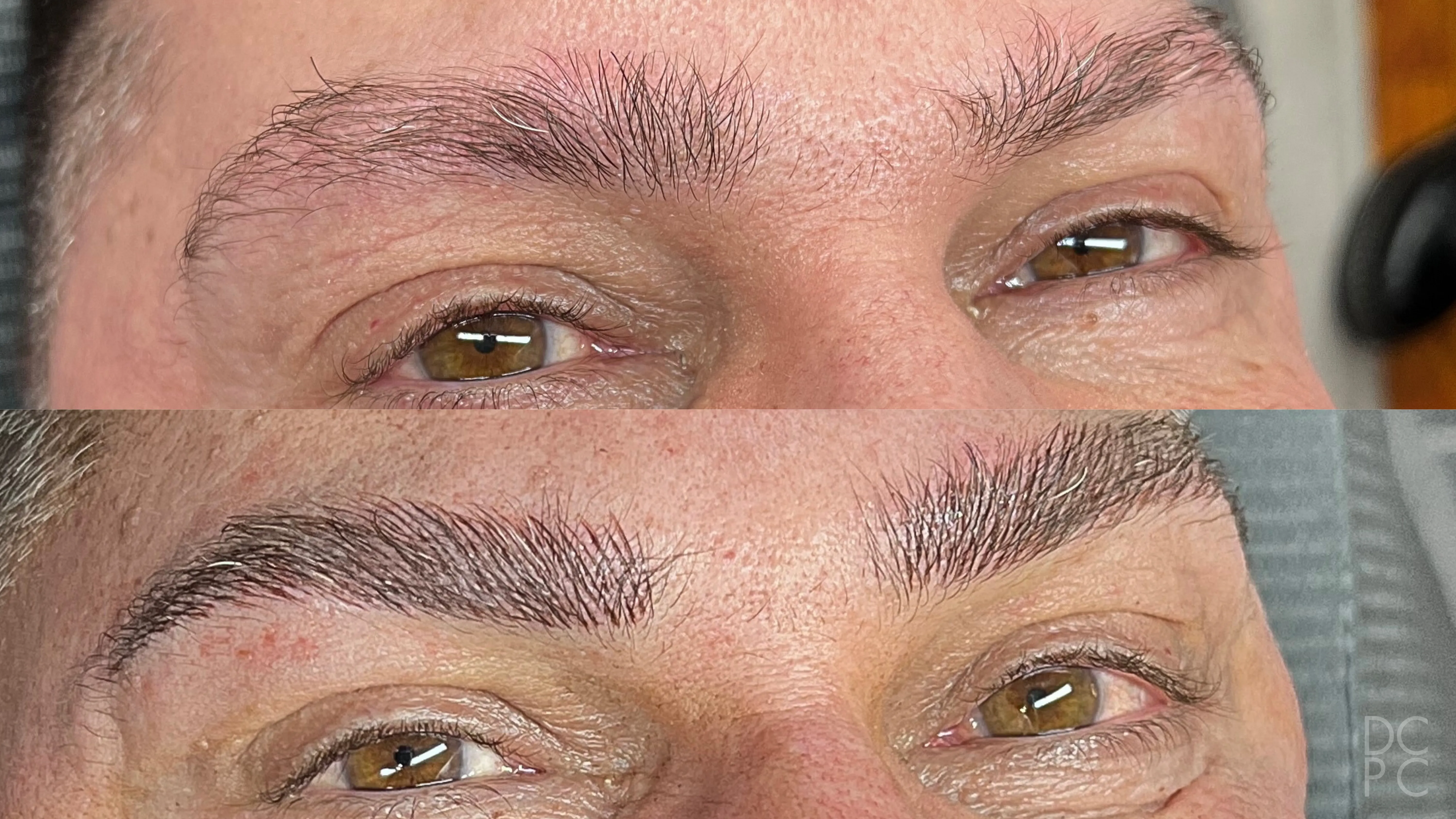 Nano brows, before and after: full, unruly brows, then defined, evenly shaped dark brows