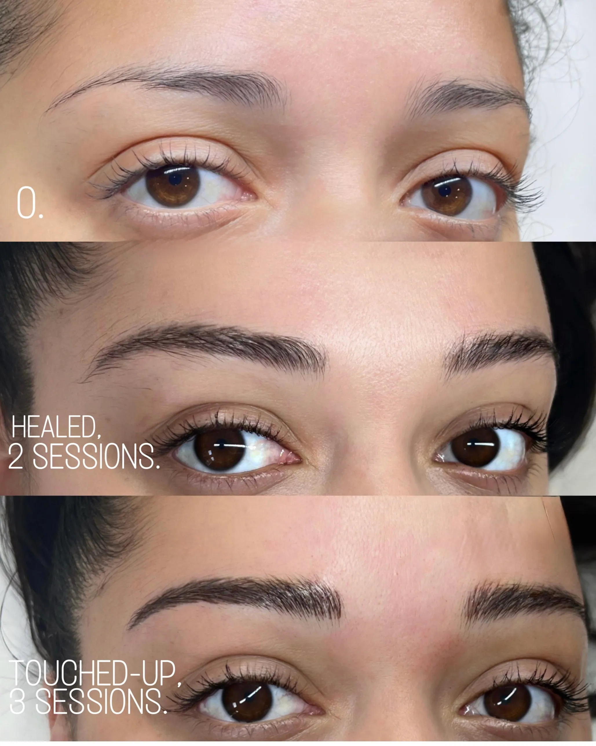 Combo brows in three stages — before; healed after 2 sessions; touched up after 3 sessions — the illusion of natural density built over time