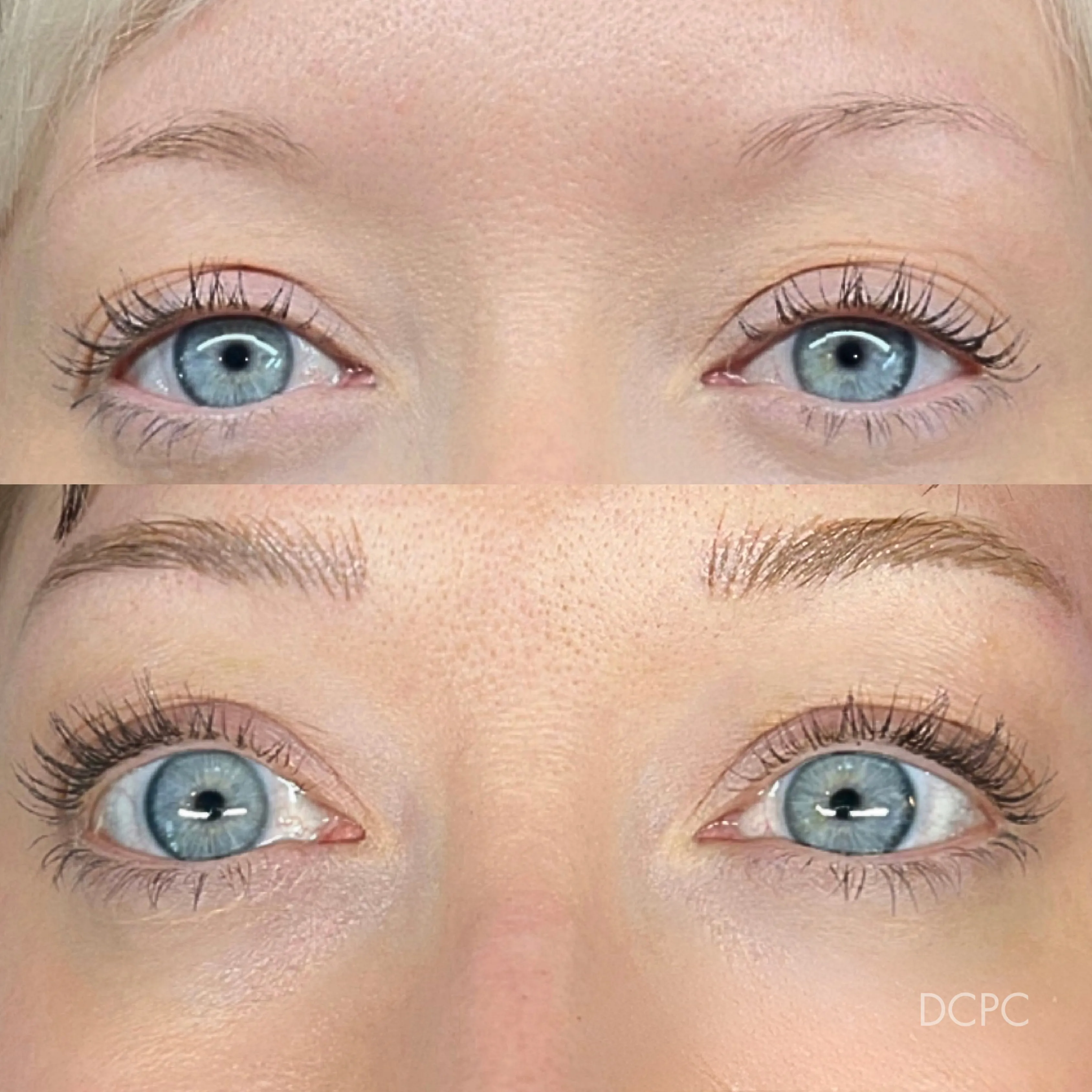 Combo brows on a blonde client, before and after: faint, sparse brows, then fuller, soft blonde brows