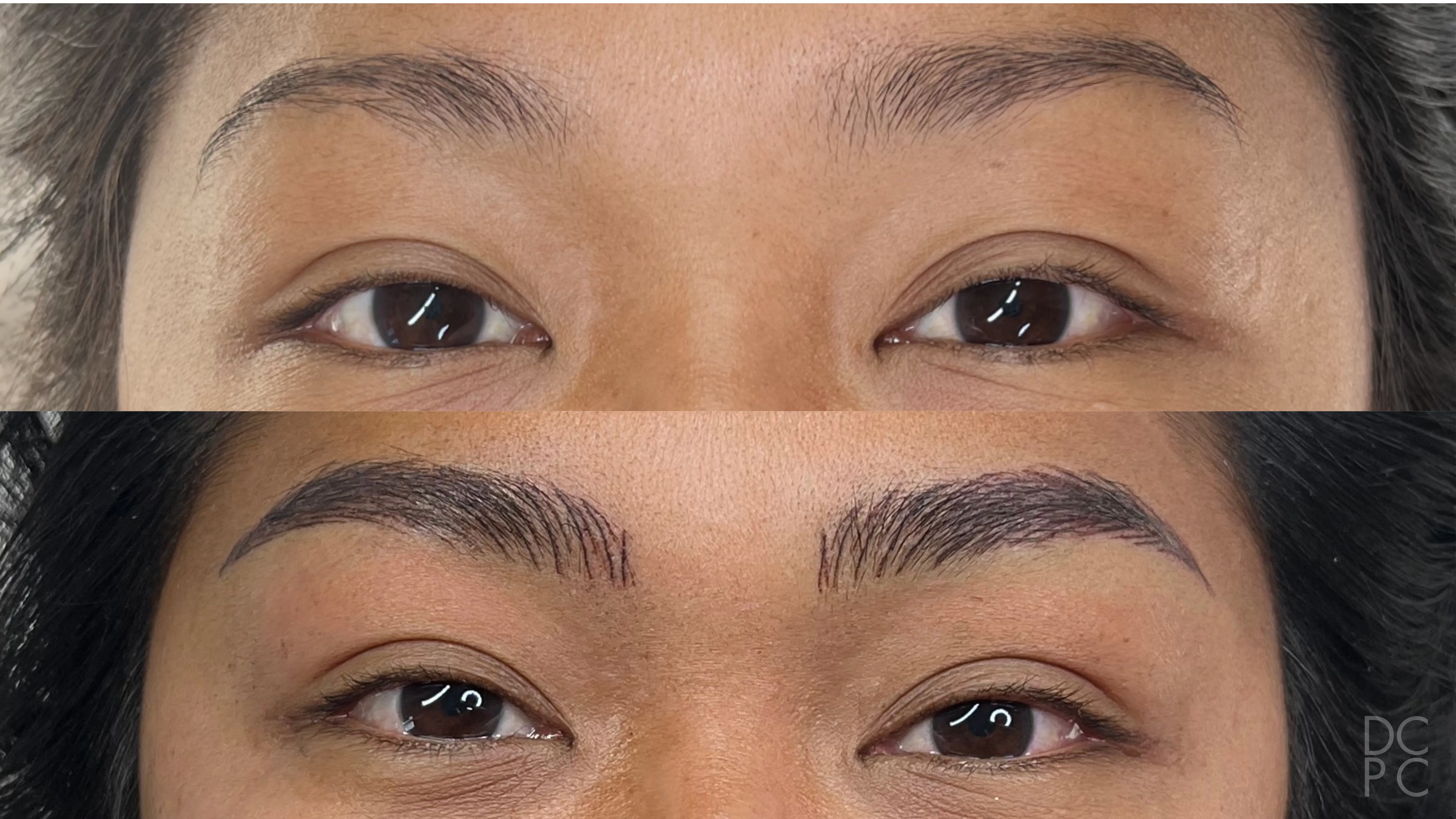 Nano brows, before and after: thin, faint brows, then full, dark brows with a defined arch