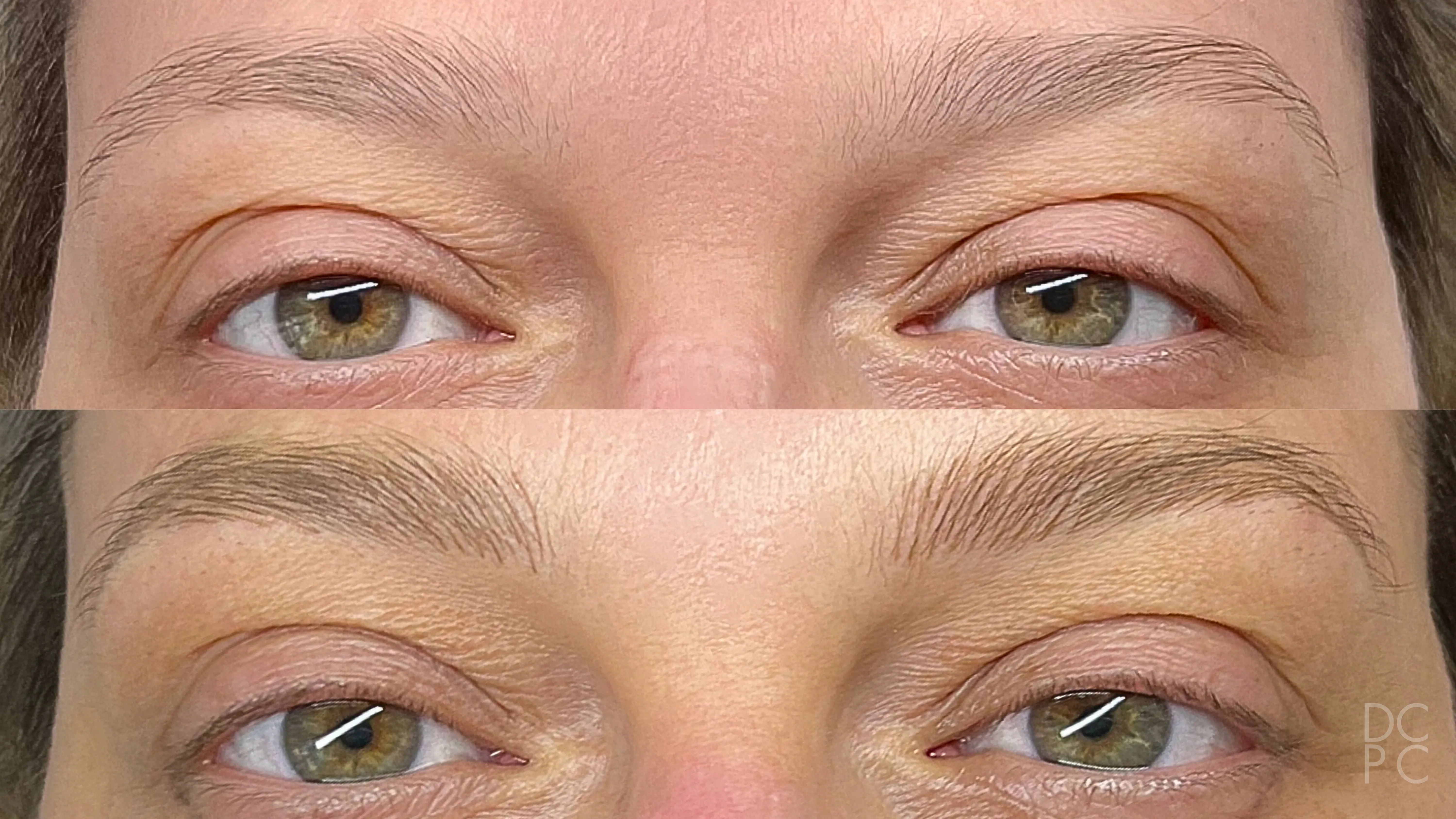 Nano brows, before and after: faint, sparse brows, then fuller, natural ash-blonde brows