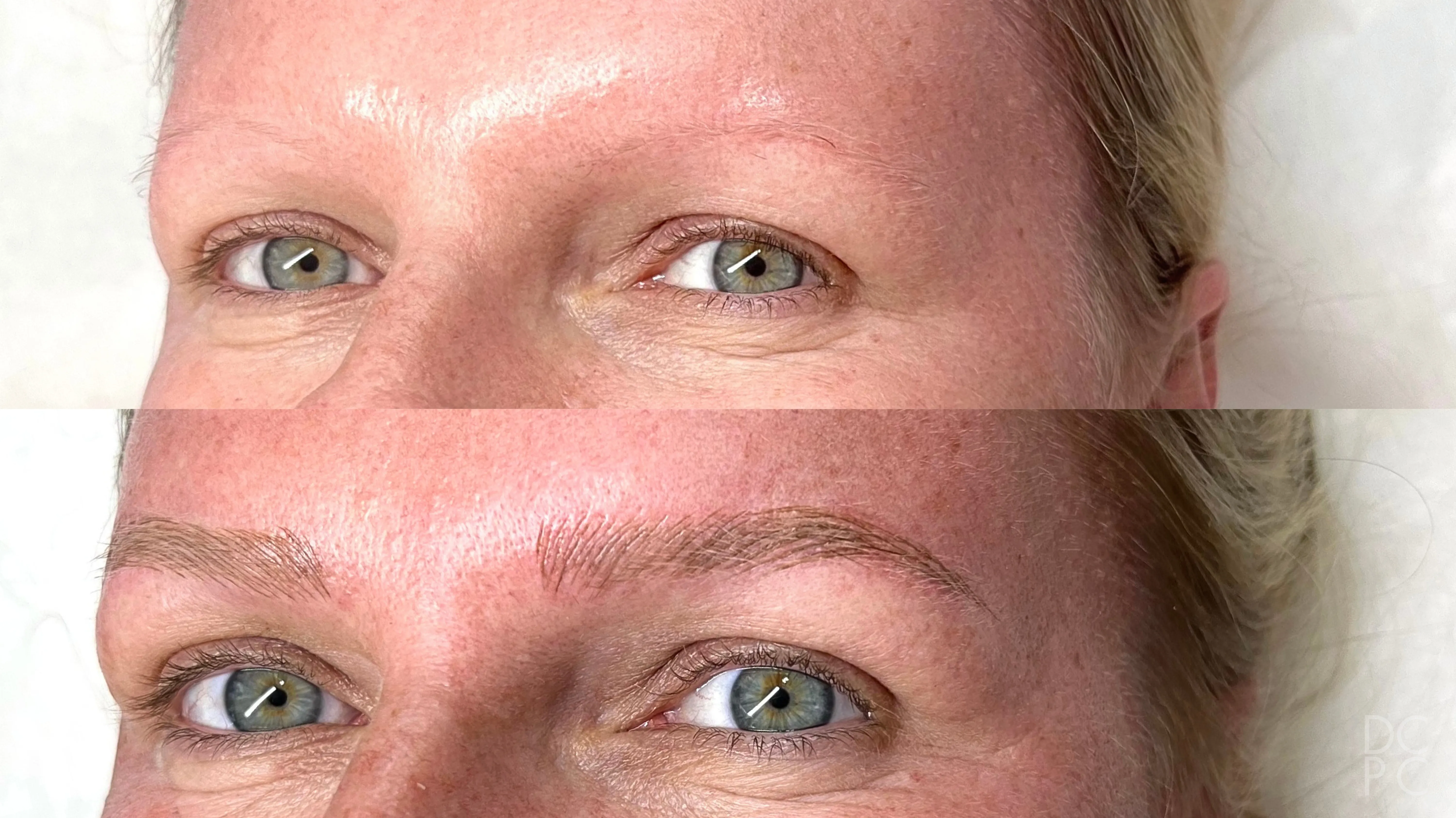 Nano brows, before and after: brows barely visible, then soft, light brows in fine hair strokes