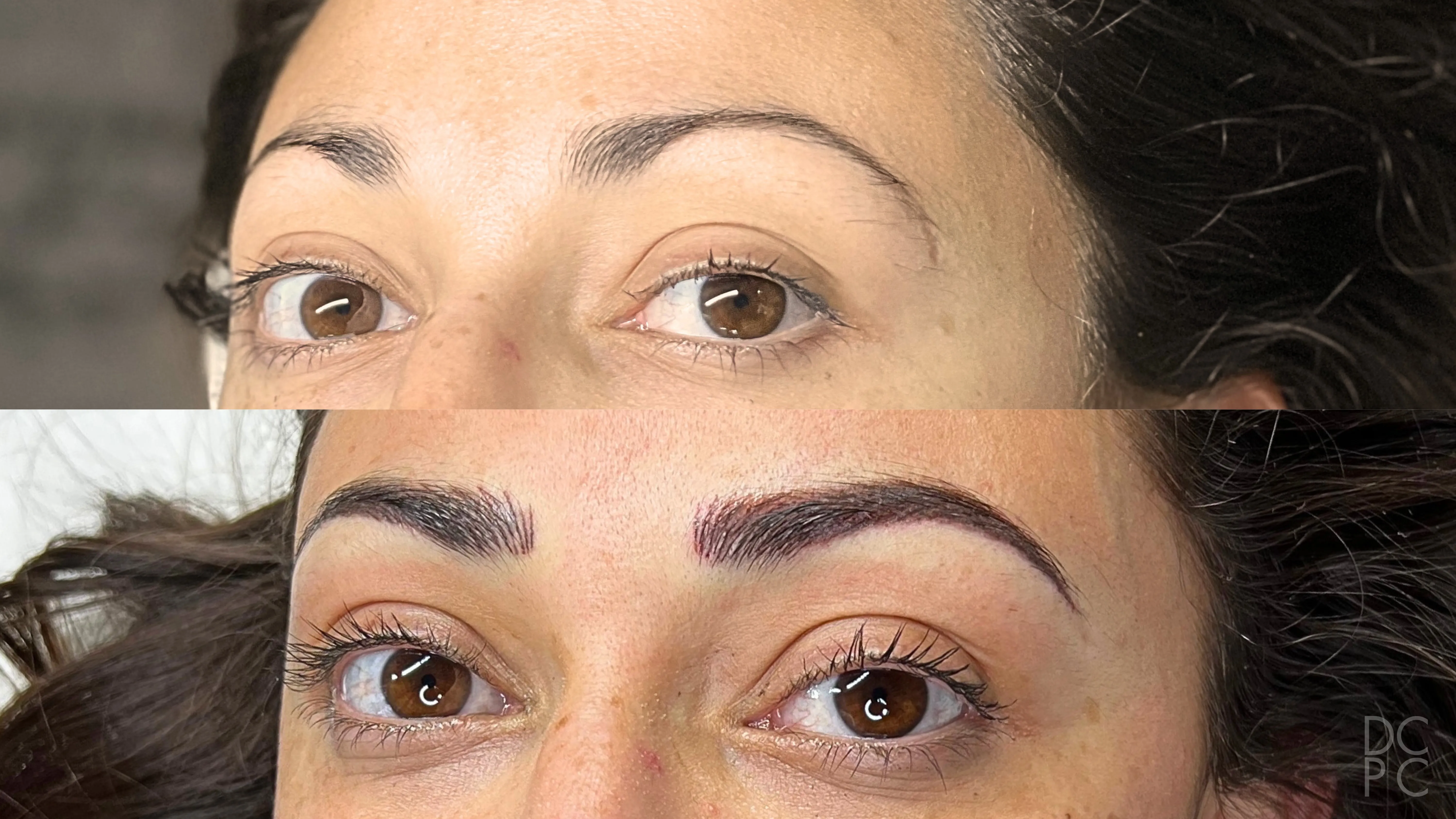 Nano brows, before and after: thin, arched dark brows, then fuller dark brows with a stronger, straighter shape