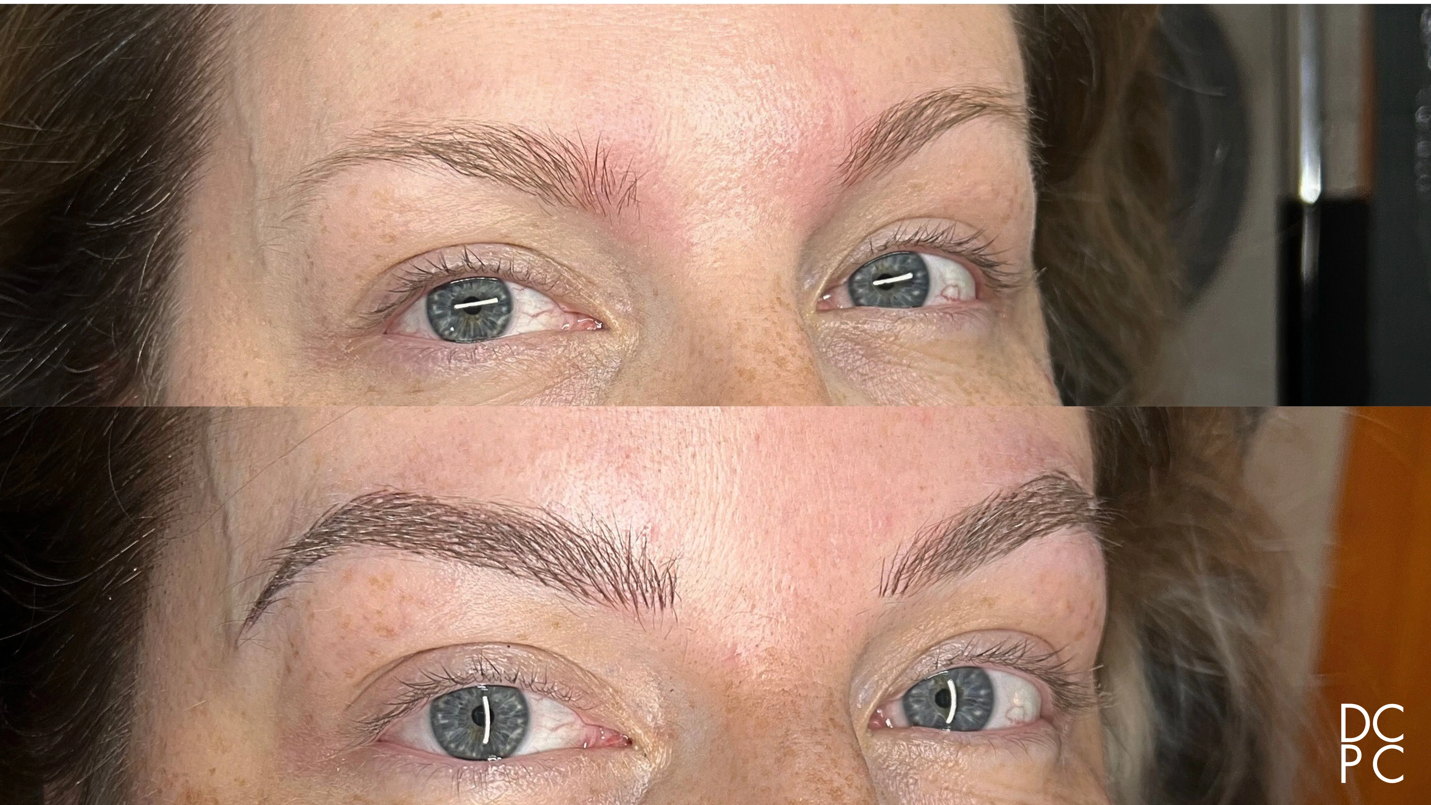 Nano brows, before and after: sparse, light brows, then fuller brown brows in fine hair strokes