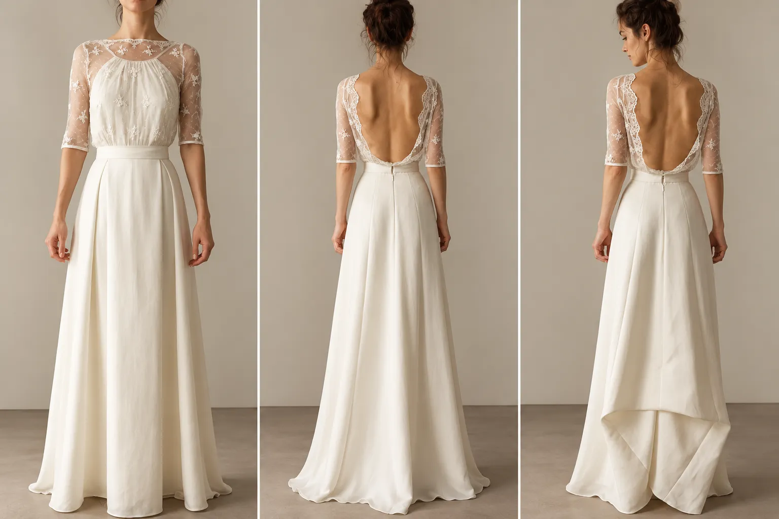 A custom ivory gown in three views — a sheer embroidered bodice with half sleeves, an open lace-edged back, and a long full skirt