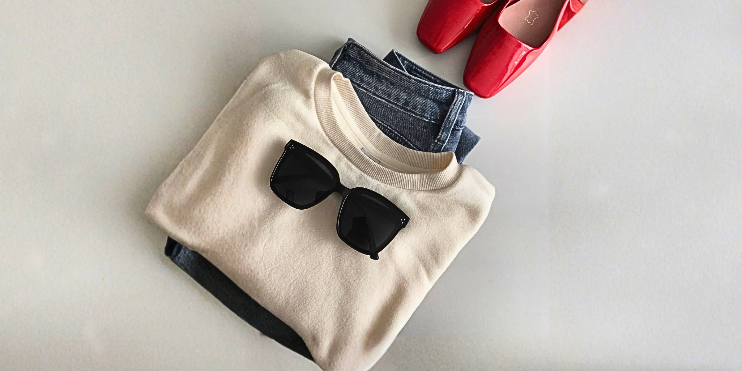 A considered outfit laid flat — a cream sweatshirt over folded denim, black sunglasses, red patent flats