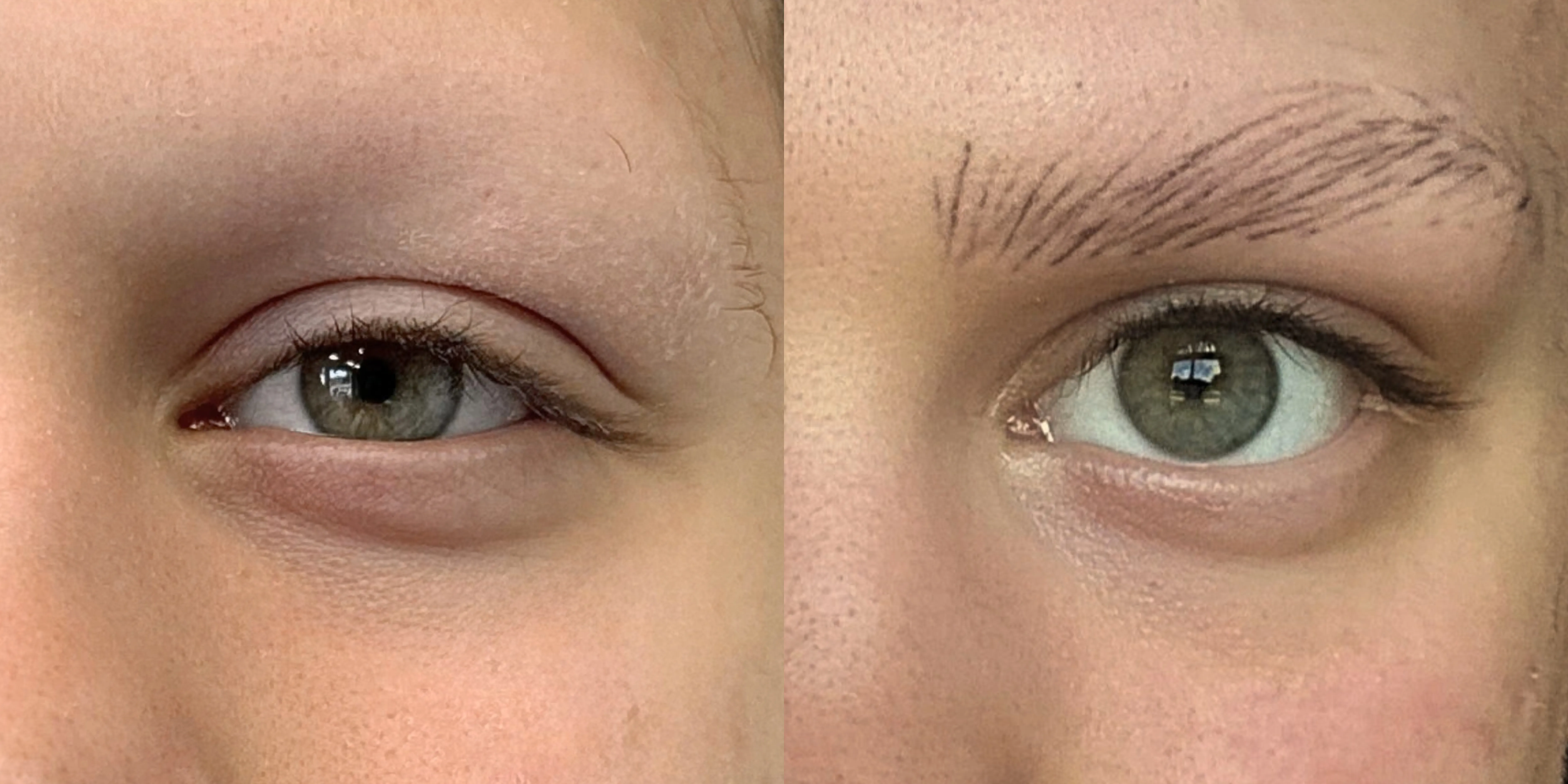 An eye before and after a brow tattoo
