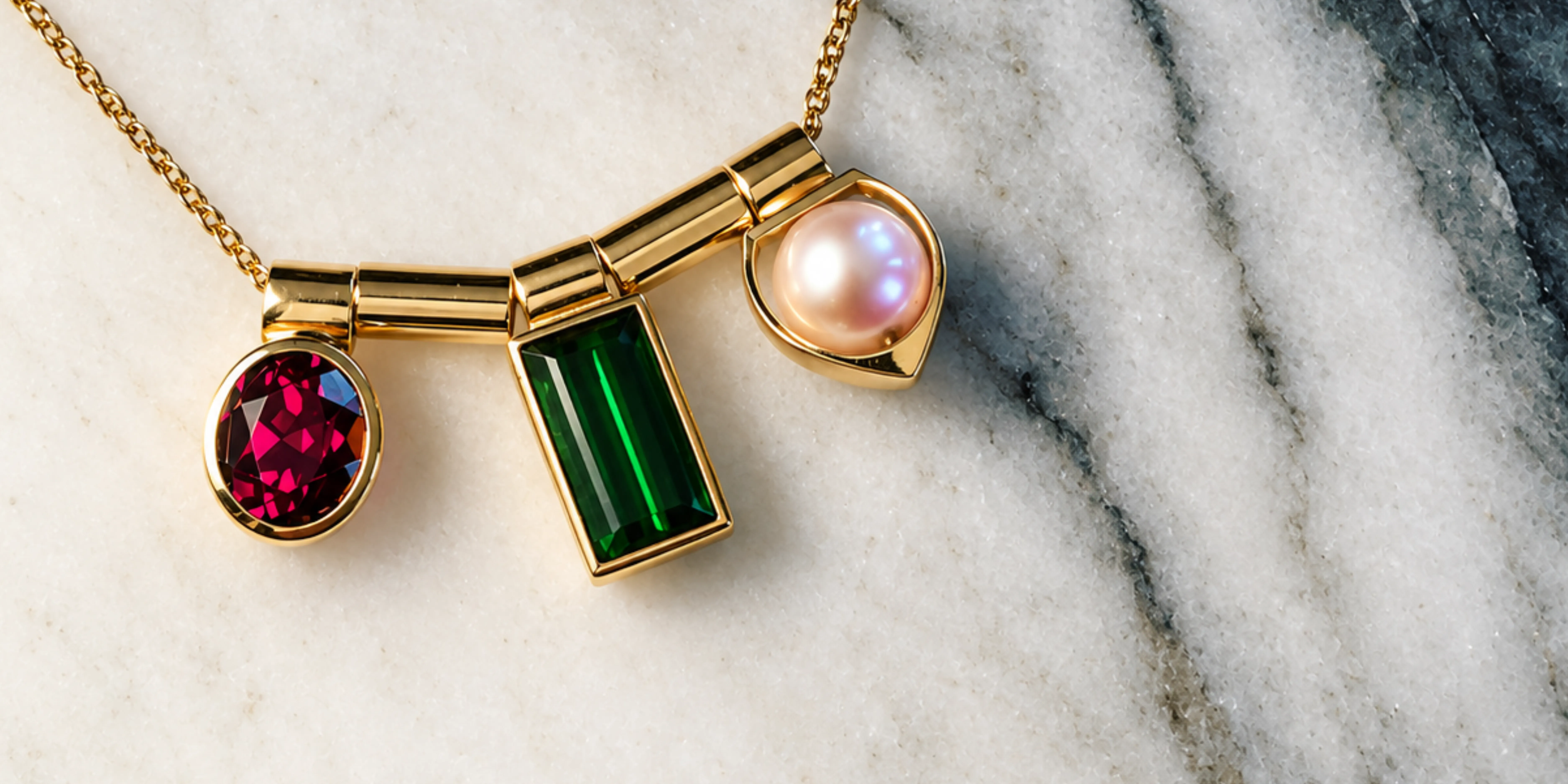 A gold necklace on white marble — an oval red stone, a long green stone and a pink pearl, each in a gold bezel hung from gold bars