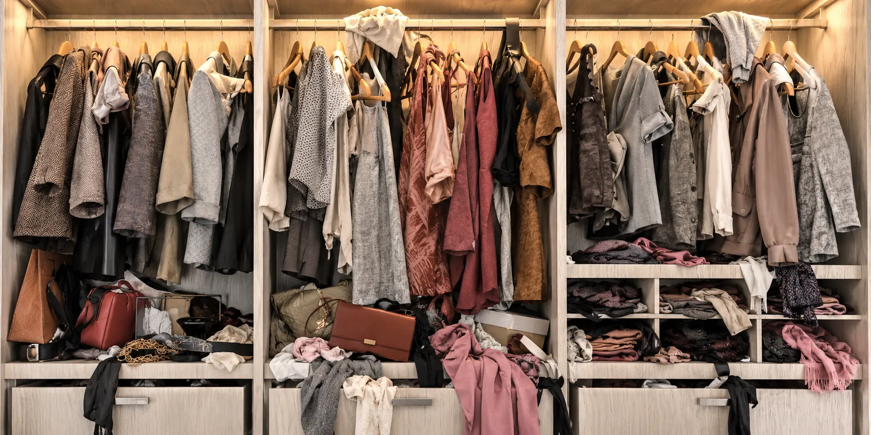Before — an overfull wardrobe in warm light, clothes crowded on wooden hangers, bags and knits spilling from the shelves