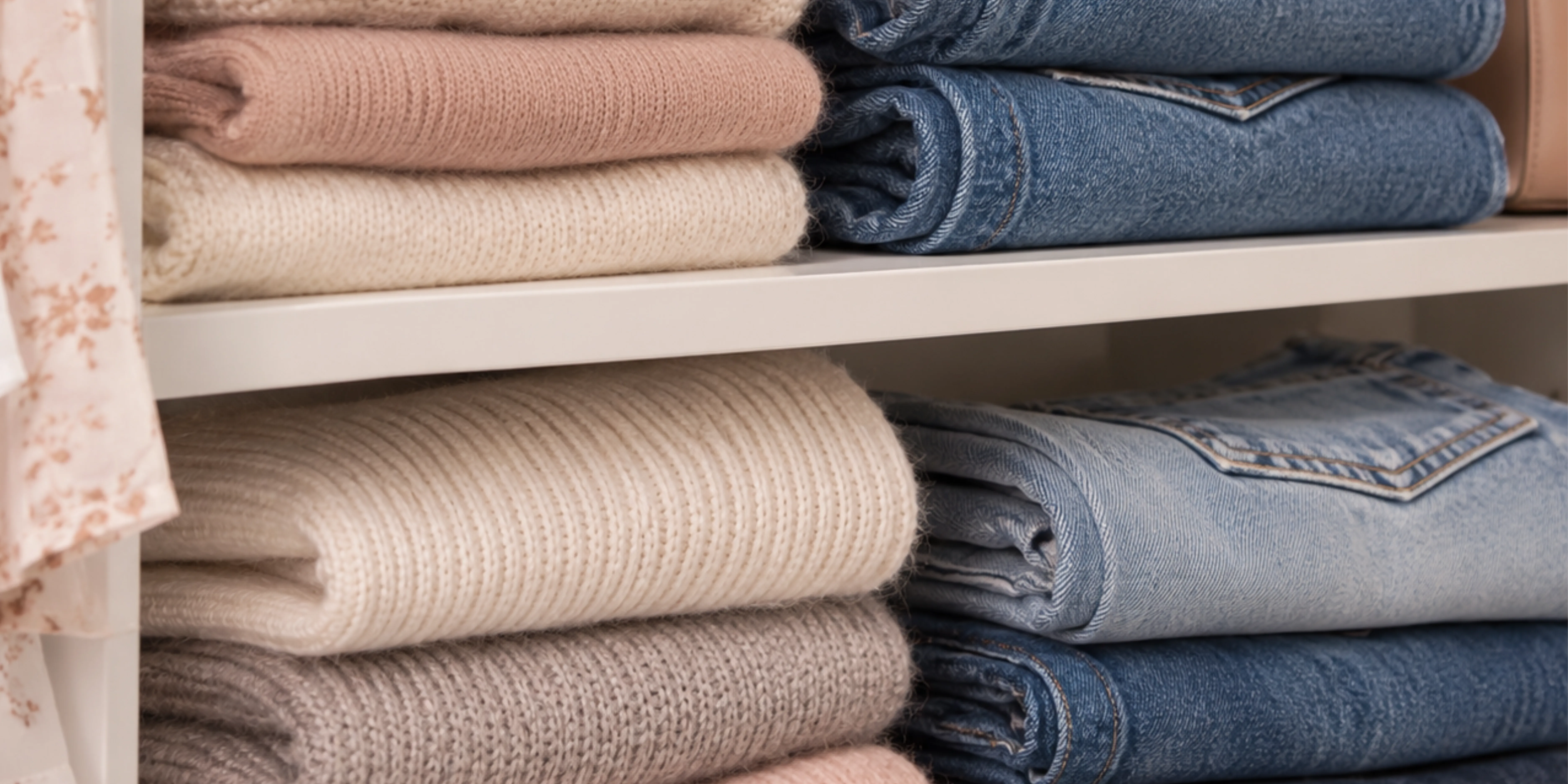 Knits in blush, cream and taupe and folded denim, stacked neatly on white shelves