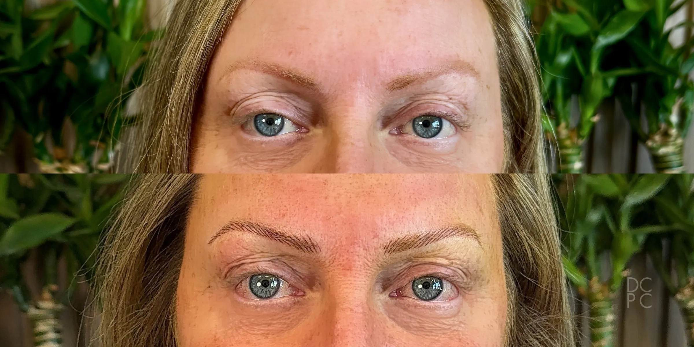 A client's brows before and after Harmonization — sparse, uneven brows above; full, even hairstroke brows below