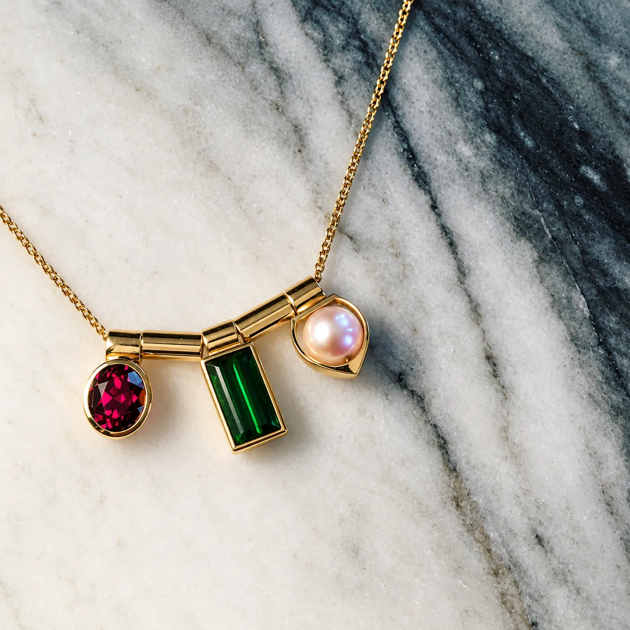 A gold necklace of three set stones on fine chain — a red oval stone, a green bar and a pearl — on grey-veined marble