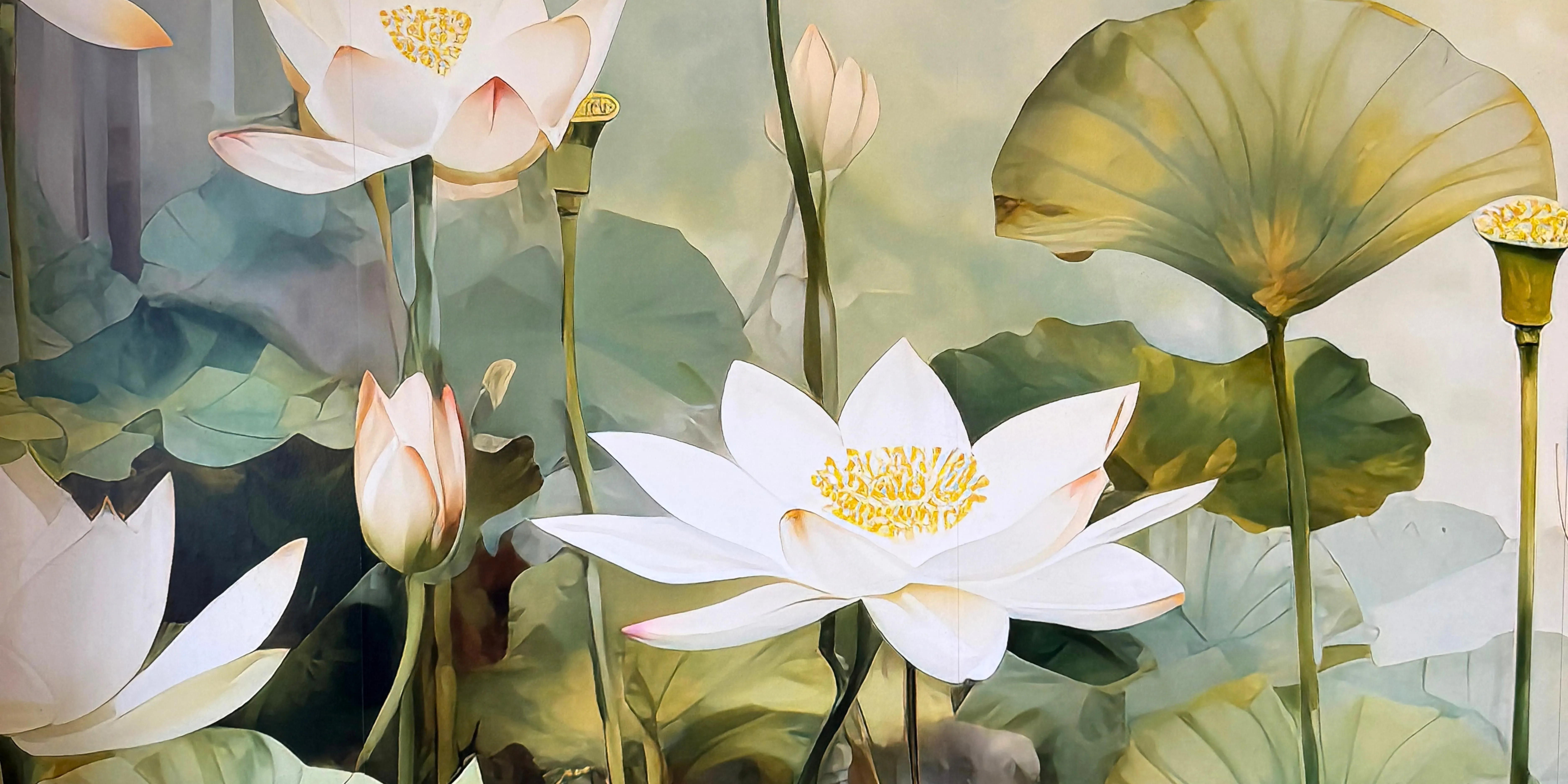 The lotus mural in the DCPC studio — white lotus flowers and broad leaves in soft green and gold