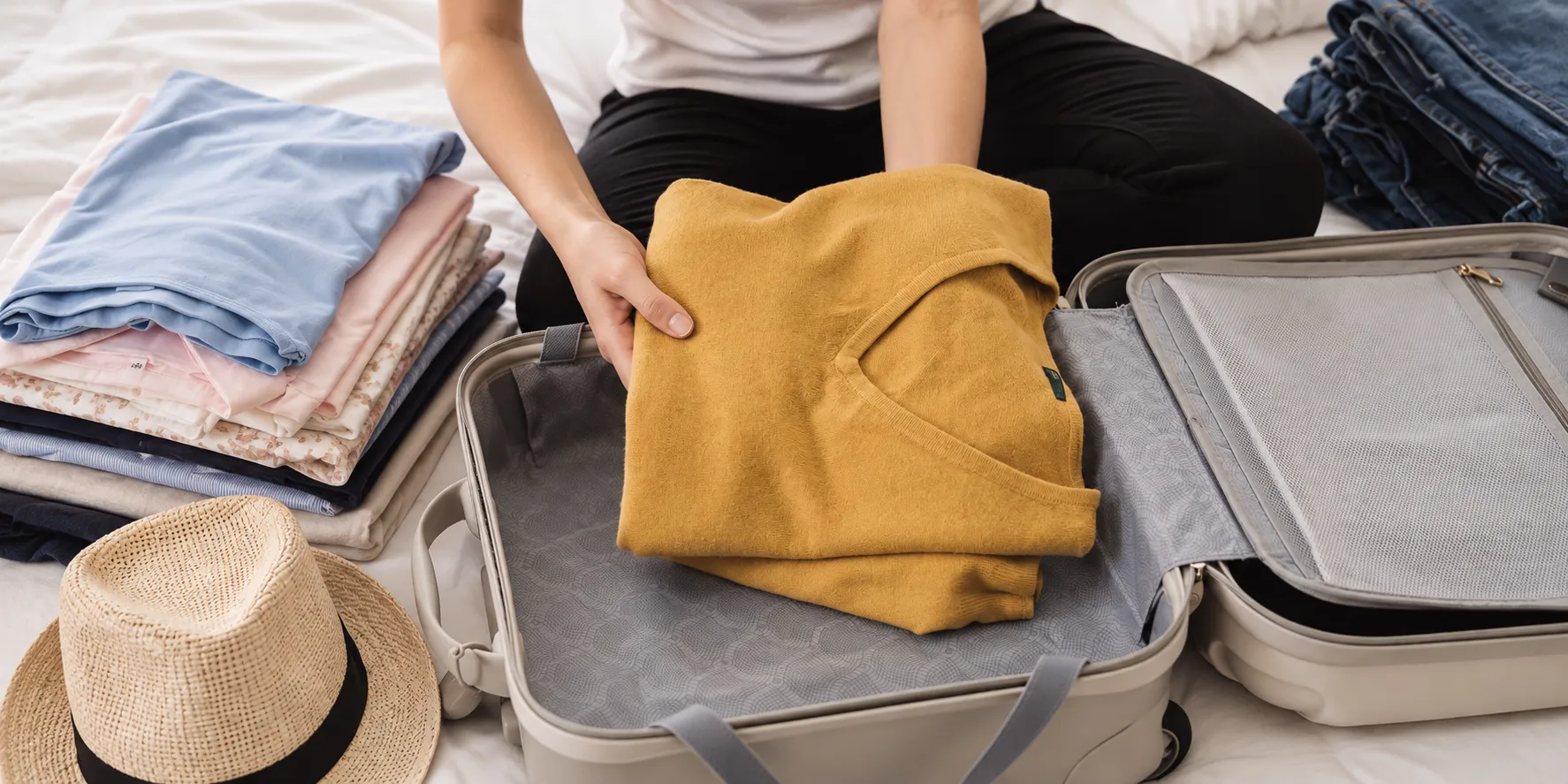 Packing for a trip — hands laying a folded mustard sweater into an open suitcase beside stacked shirts and a straw hat