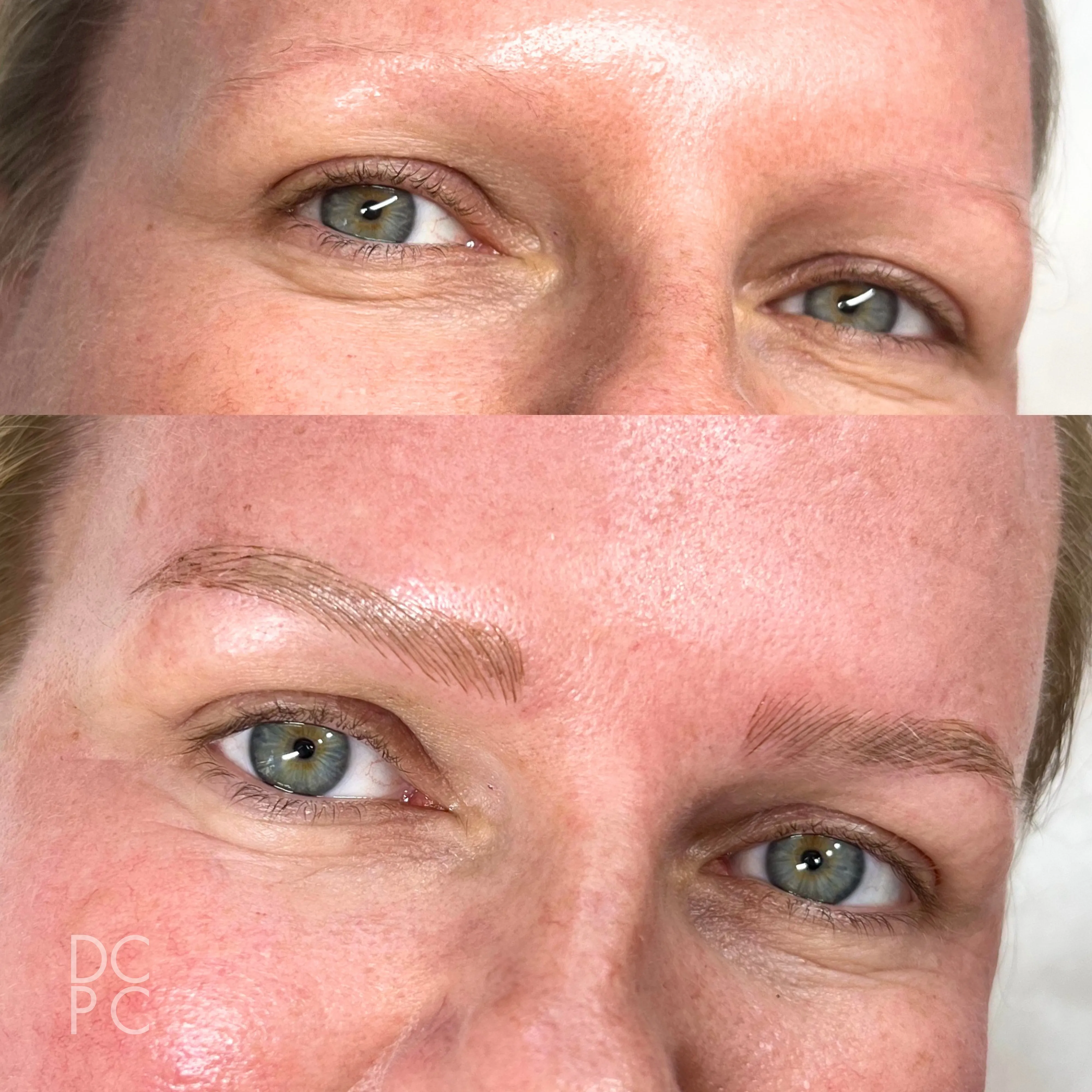 A client's brows, before and after: faint, sparse brows above; fine nano brows in blonde below