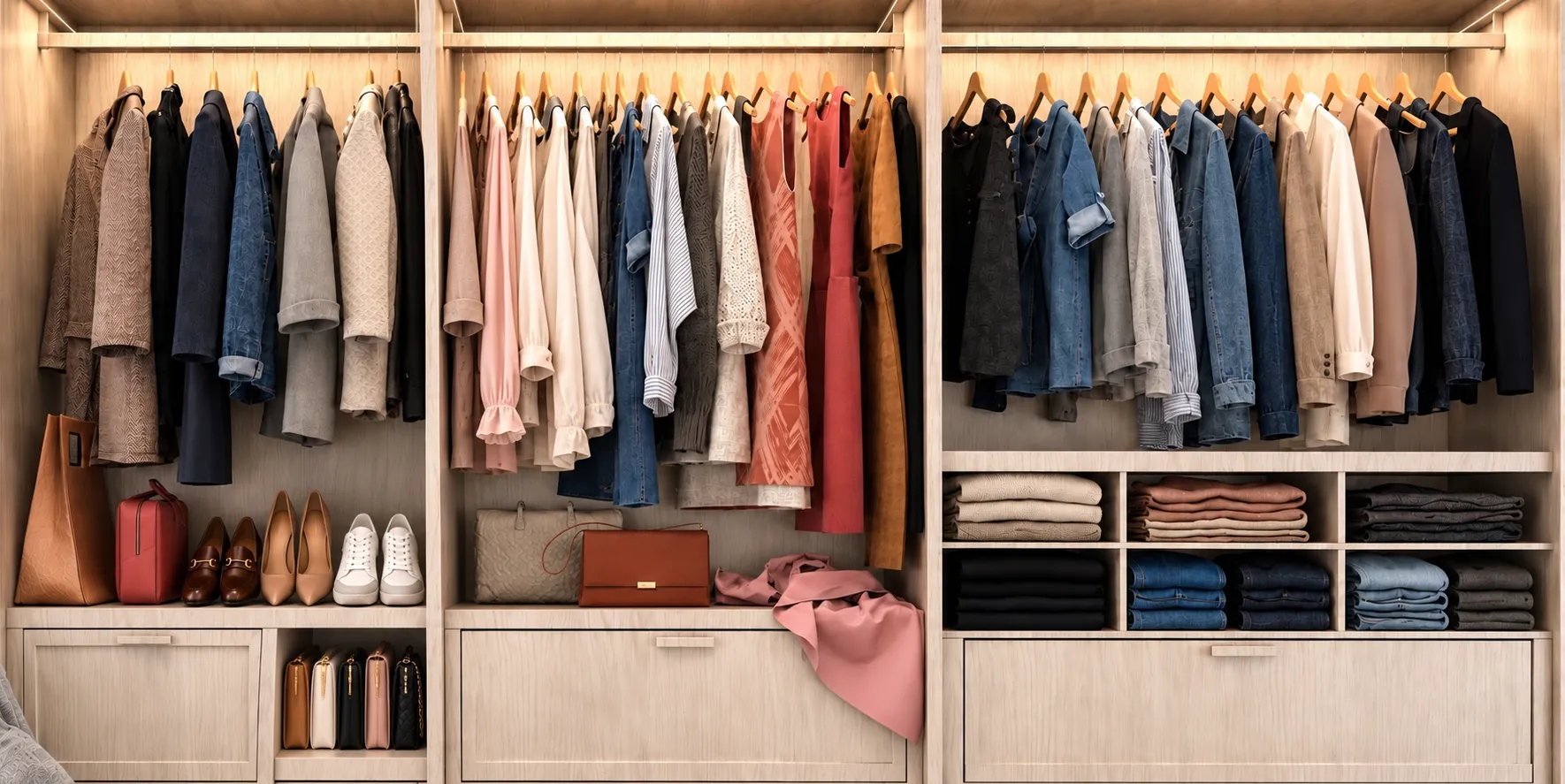 After — the same wardrobe edited, clothes hung in order by colour, shoes and bags lined up, knits and denim folded on the shelves
