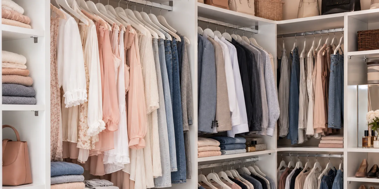 An edited closet — blouses, denim and shirts hung in order, knits folded on the shelves