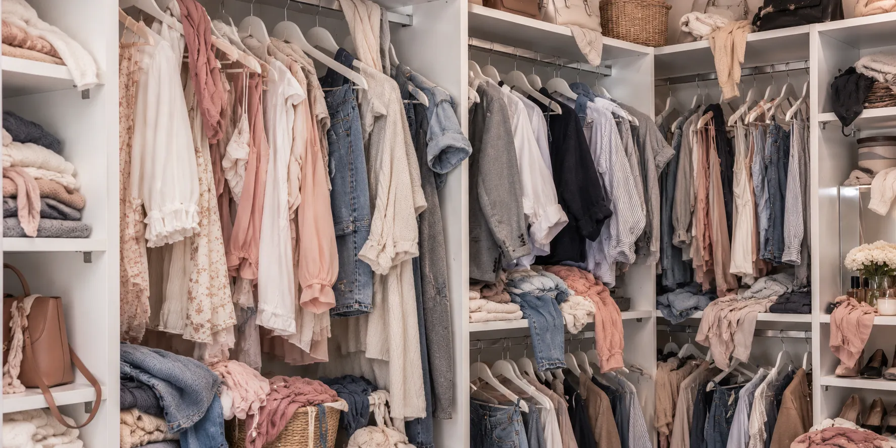 Before — the closet overfull, clothes crowded on the rails and piled on the shelves
