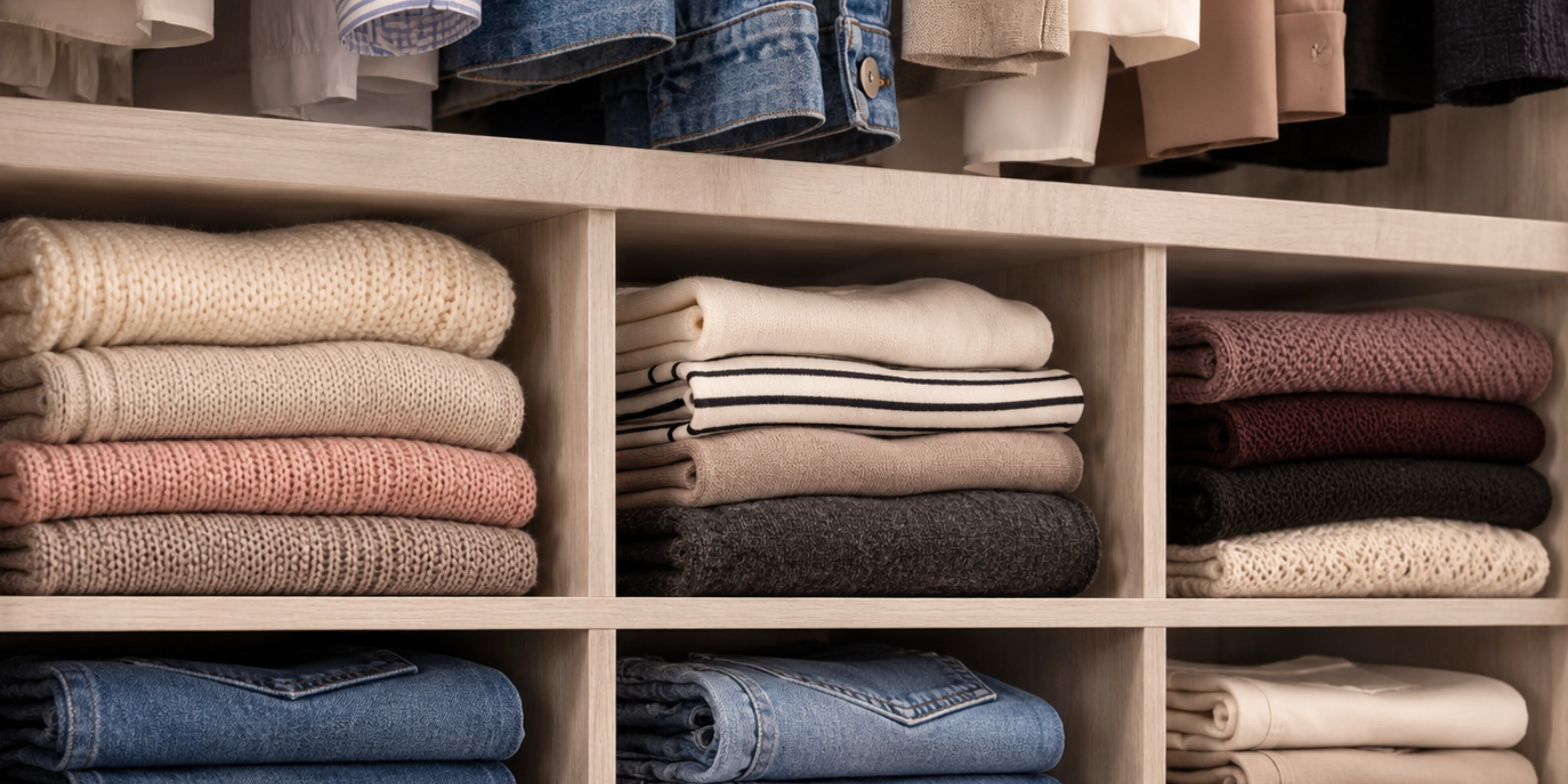 Knits in cream, blush, stripe and charcoal and folded denim, sorted into wooden cubbies under a rail of shirts