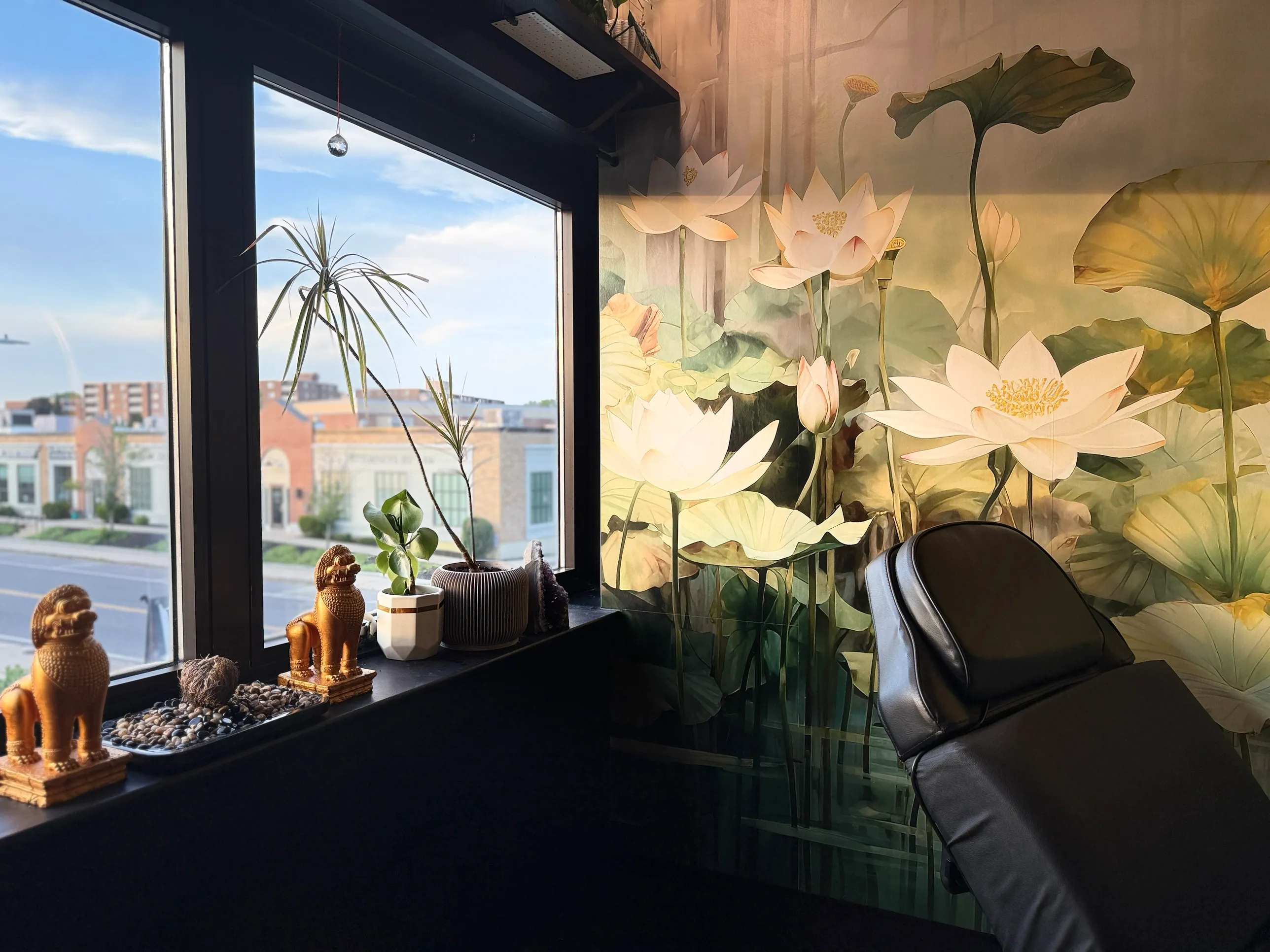 The DCPC studio — the lotus mural on the wall, the window and the black treatment chair