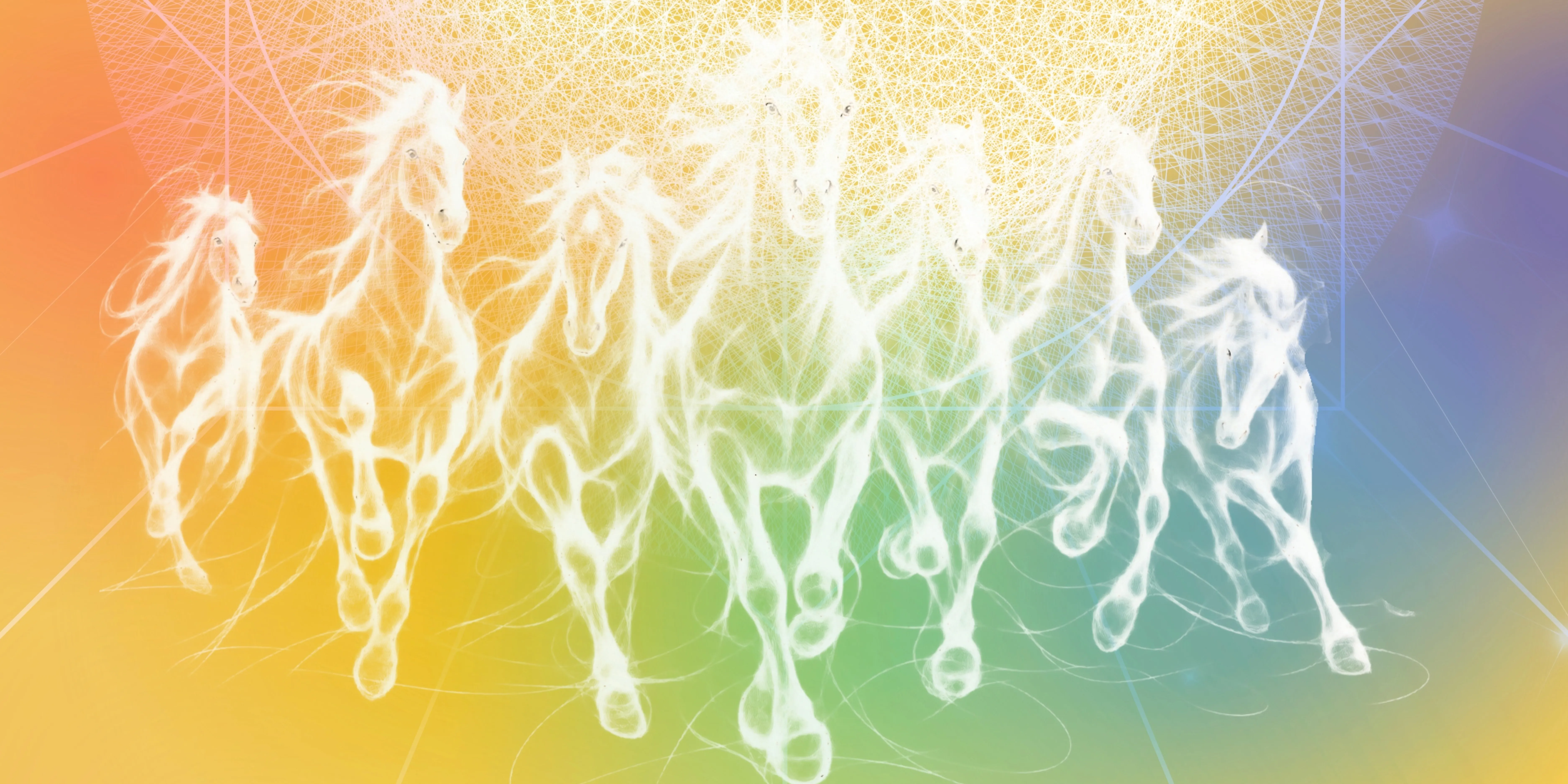 Velea artwork — white horses running through a field of light